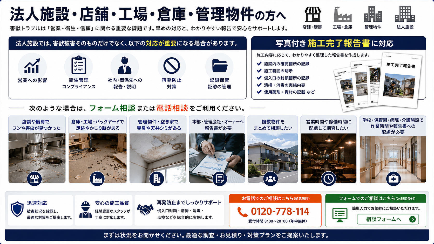 法人施設・店舗・工場・倉庫・管理物件向け害獣駆除案内画像|衛生管理・営業影響・社内報告・写真付き施工完了報告書・再発防止・複数物件相談に対応
