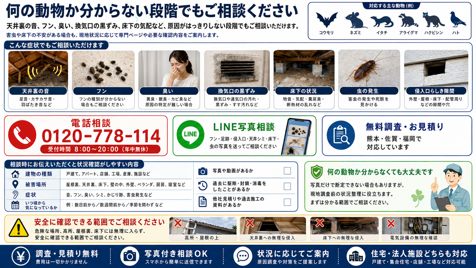 何の動物か分からない方へ相談案内画像|屋根裏の音・フン・臭い・換気口の黒ずみ・床下の気配など原因不明の害獣被害を電話相談・LINE写真相談・無料調査でサポート