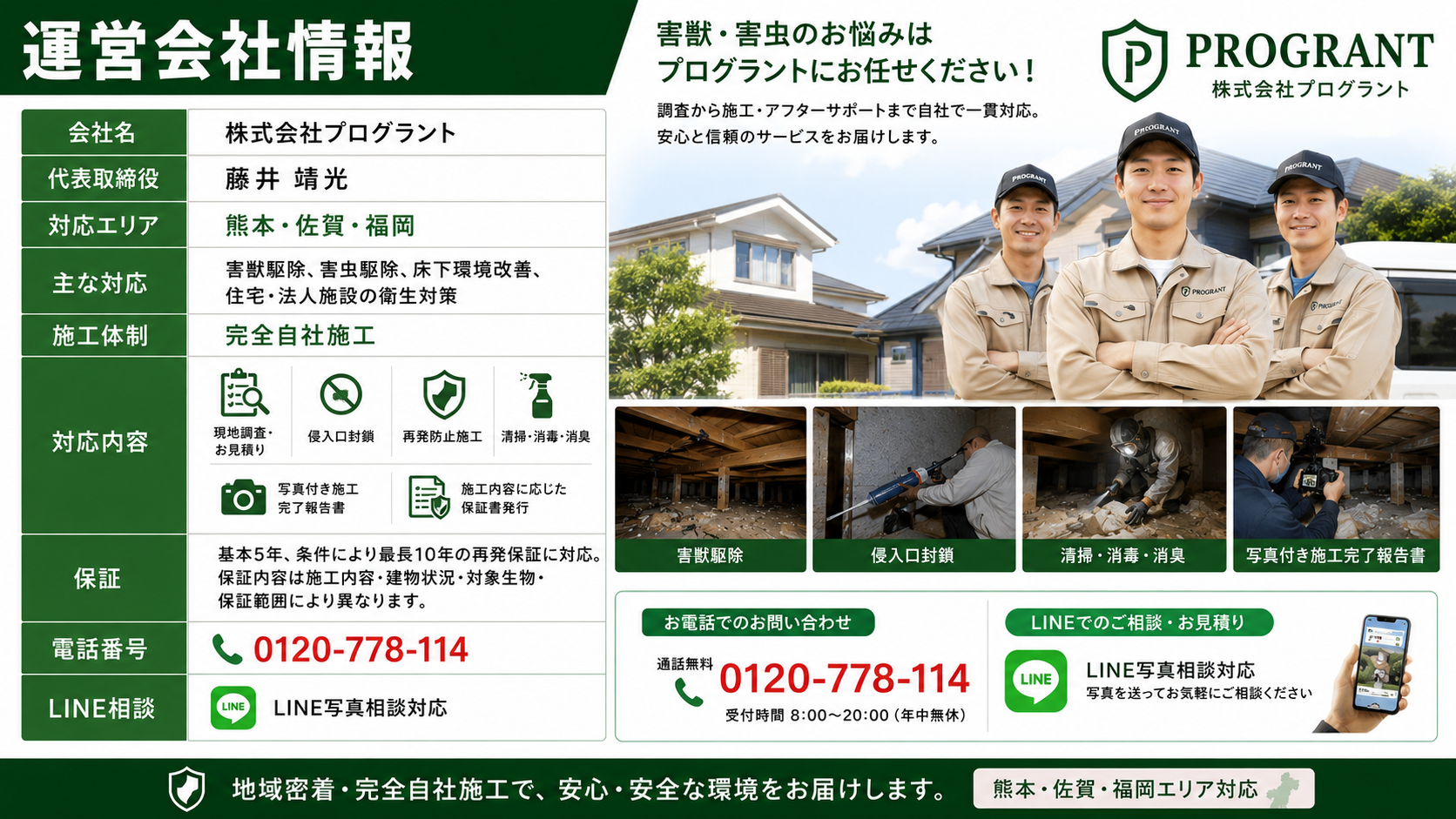株式会社プログラントの運営会社情報を紹介する画像|熊本・佐賀・福岡対応の害獣駆除・害虫駆除・床下環境改善、完全自社施工、侵入口封鎖、清掃消毒消臭、写真付き報告書、再発保証、電話・LINE相談を案内