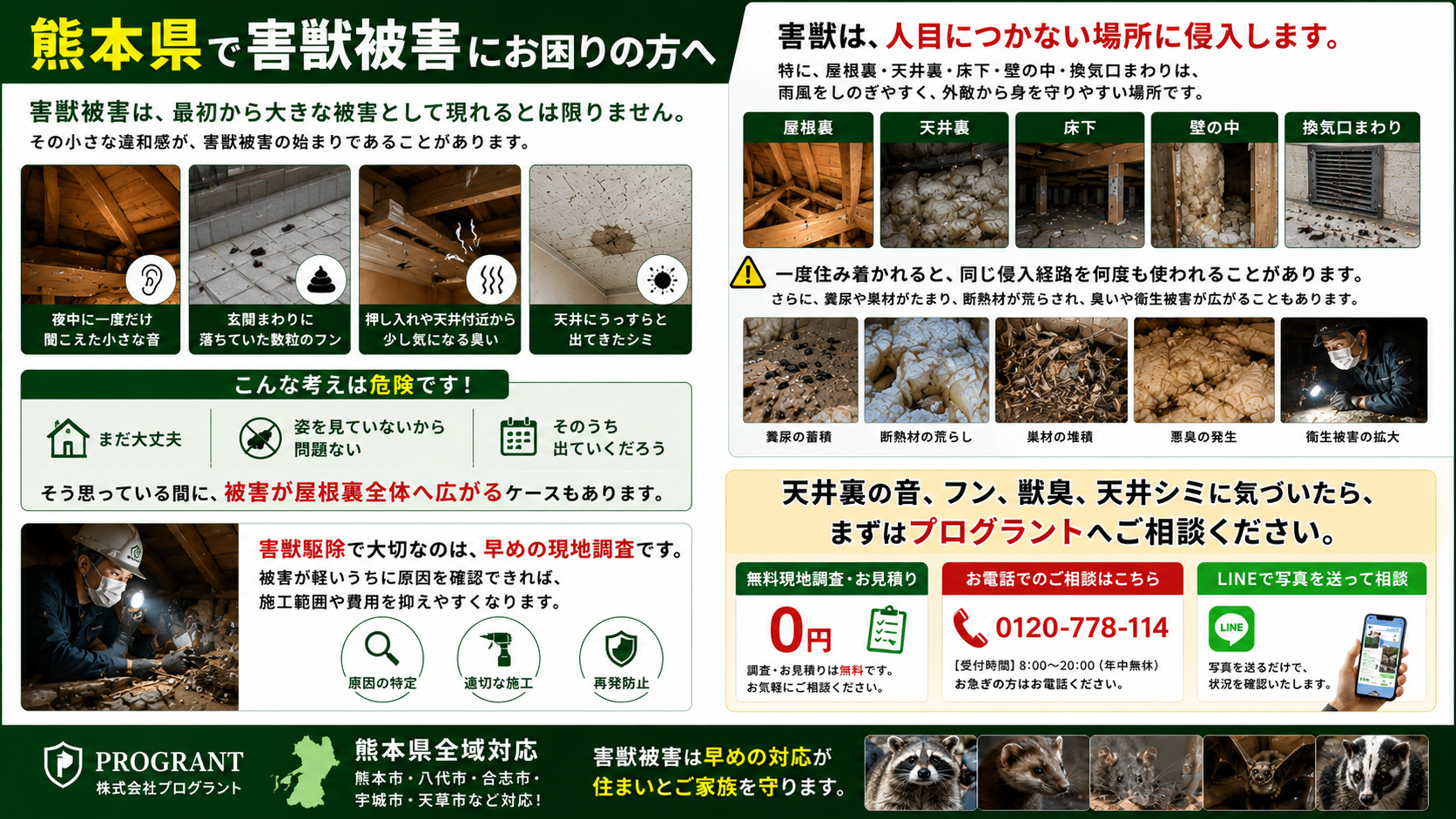 熊本県で害獣被害にお困りの方向け案内画像|天井裏の小さな音・玄関まわりのフン・押し入れの獣臭・天井シミなど初期サインから早めの現地調査と再発防止を案内