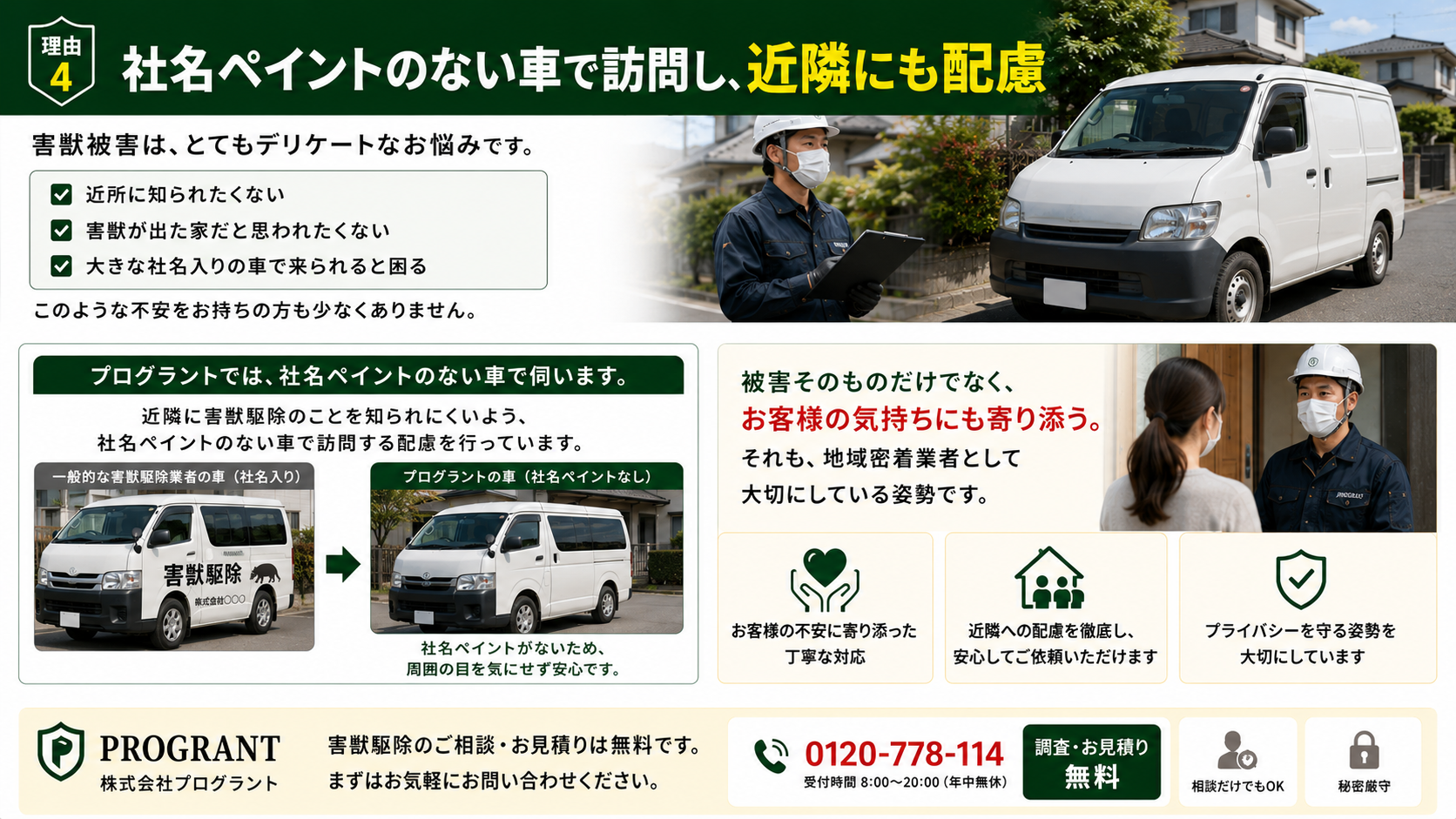 社名ペイントのない車で訪問し近隣に配慮する害獣駆除案内画像|近所に知られたくない方へ、プライバシーに配慮した無料調査・見積りと地域密着の丁寧な対応を紹介