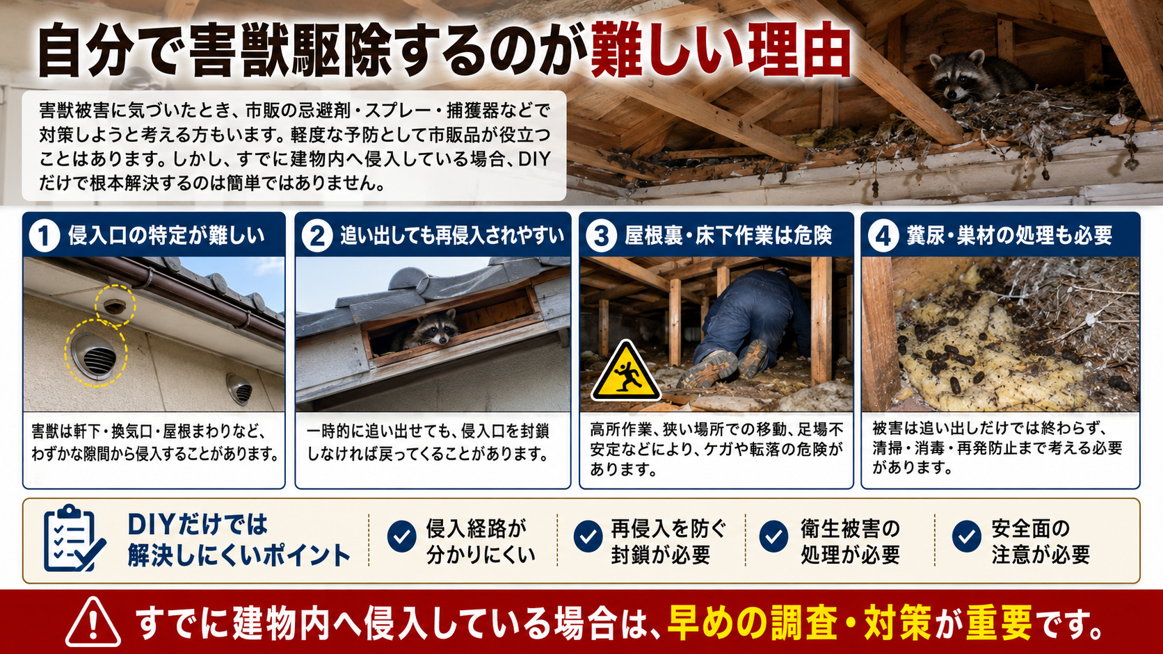 自分で害獣駆除するのが難しい理由として、侵入口特定・再侵入防止・屋根裏床下作業の危険性・糞尿巣材処理の必要性を解説した画像