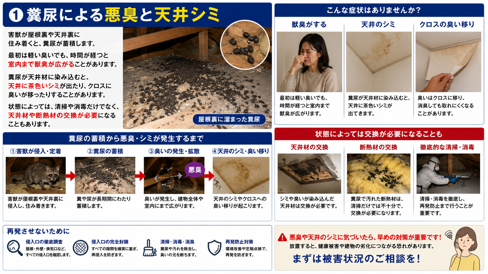 害獣の糞尿による屋根裏の悪臭・天井シミ・クロスへの臭い移りと清掃消毒・天井材や断熱材交換の必要性を解説した画像