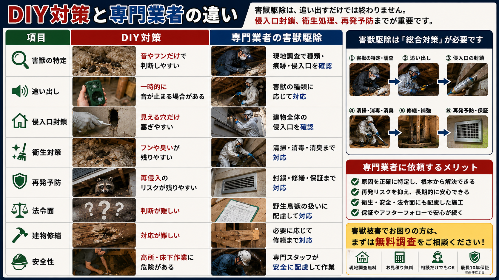 害獣駆除のDIY対策と専門業者の違いとして、害獣の特定・追い出し・侵入口封鎖・清掃消毒・再発予防・法令配慮・安全性を比較した画像