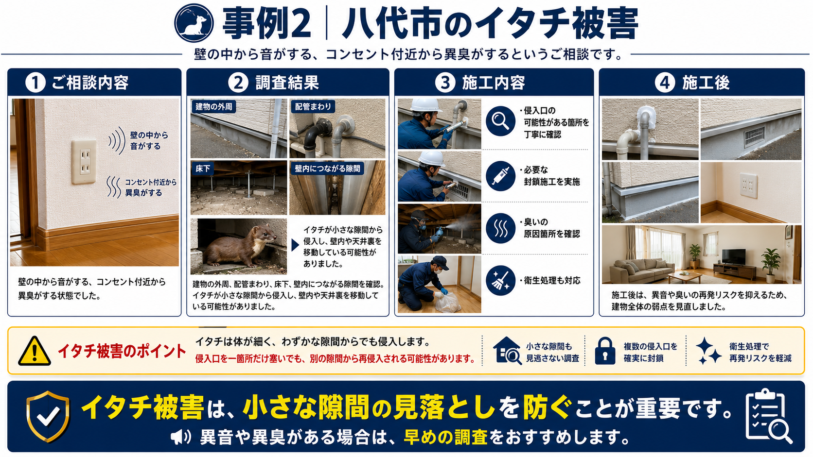 八代市のイタチ被害として、壁内の異音やコンセント付近の異臭、小さな隙間からの侵入、封鎖施工と衛生処理の流れを解説した画像