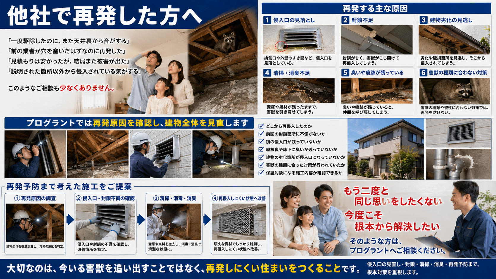 他社施工後に害獣被害が再発した原因を侵入口の見落とし・封鎖不足・建物劣化・清掃消臭不足などの観点で解説し、プログラントの再発防止対策を紹介した画像