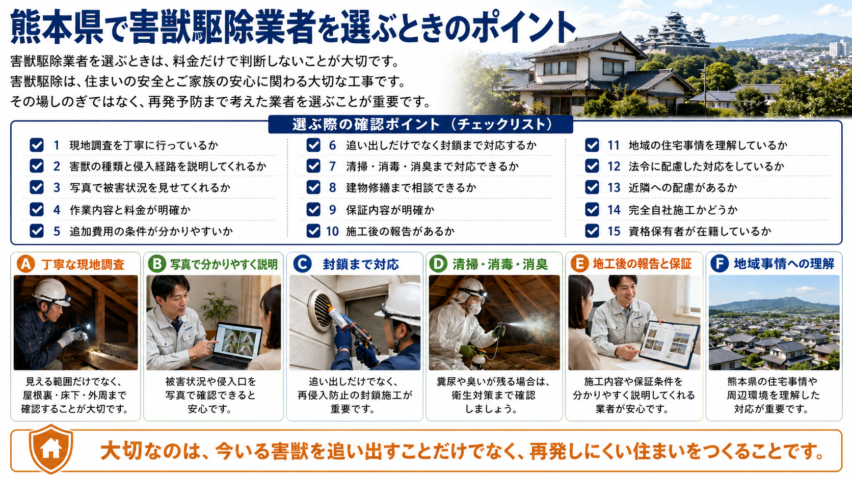 熊本県で害獣駆除業者を選ぶ際の確認ポイントを、現地調査・侵入経路説明・写真報告・封鎖・清掃消毒・保証・地域理解などの項目で解説した画像