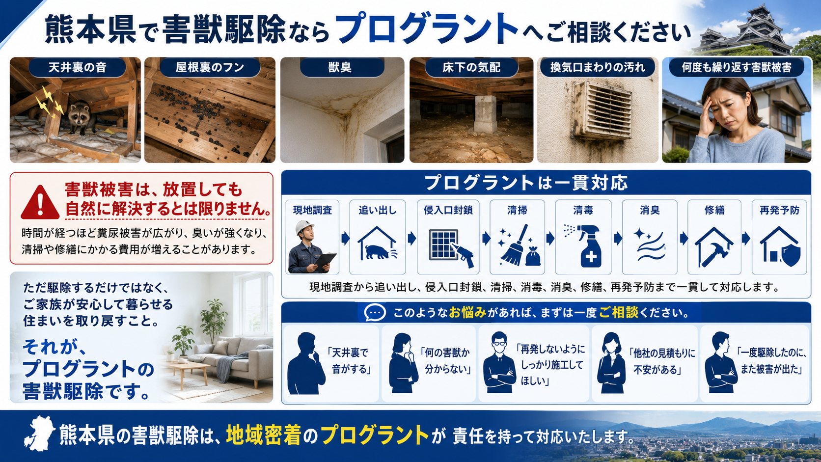 熊本県の害獣駆除で天井裏の音・屋根裏のフン・獣臭などの被害例とプログラントの一貫対応を解説"