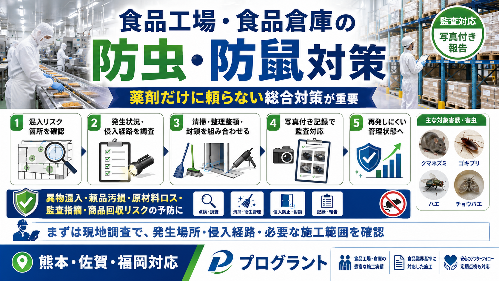 alt="食品工場・食品倉庫の防虫・防鼠対策。ネズミ・ゴキブリ・ハエ・チョウバエの発生調査、侵入口封鎖、写真付き記録、監査対応、再発防止まで対応"