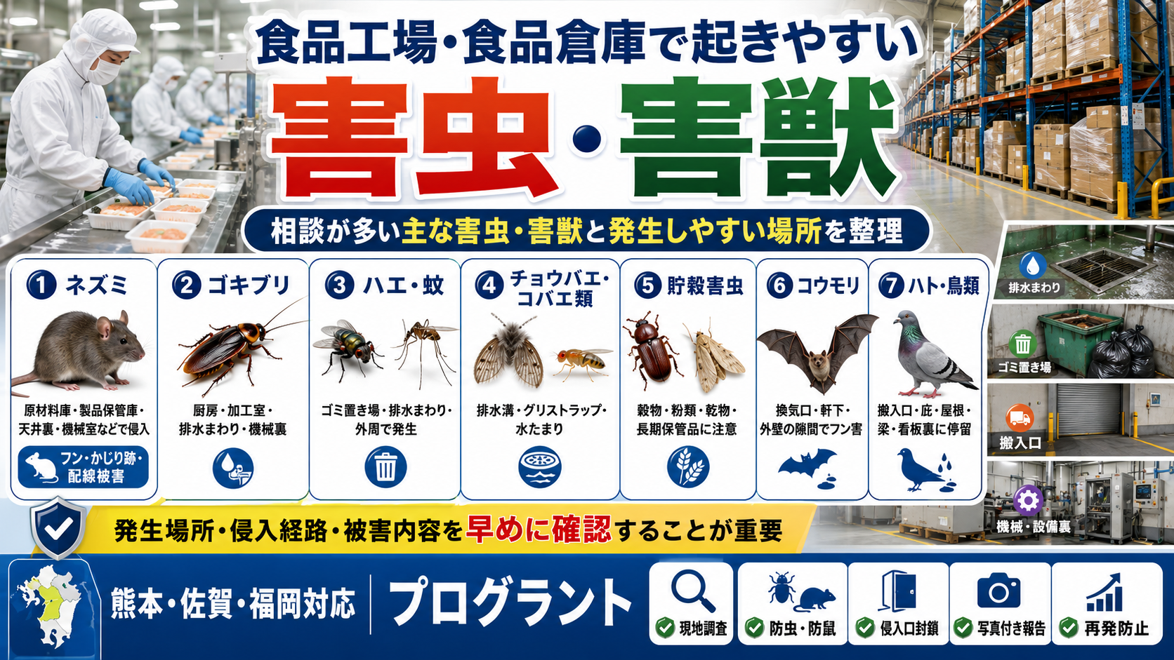 alt="食品工場・食品倉庫で起きやすい害虫・害獣。ネズミ、ゴキブリ、ハエ、蚊、チョウバエ、貯穀害虫、コウモリ、ハトの発生場所や侵入経路を解説"