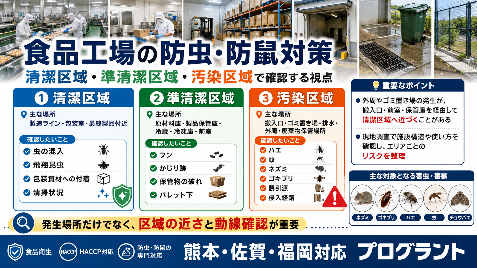 alt="食品工場の防虫・防鼠対策。清潔区域・準清潔区域・汚染区域ごとに、害虫やネズミの発生場所、侵入経路、動線、衛生管理リスクを確認するポイントを解説"