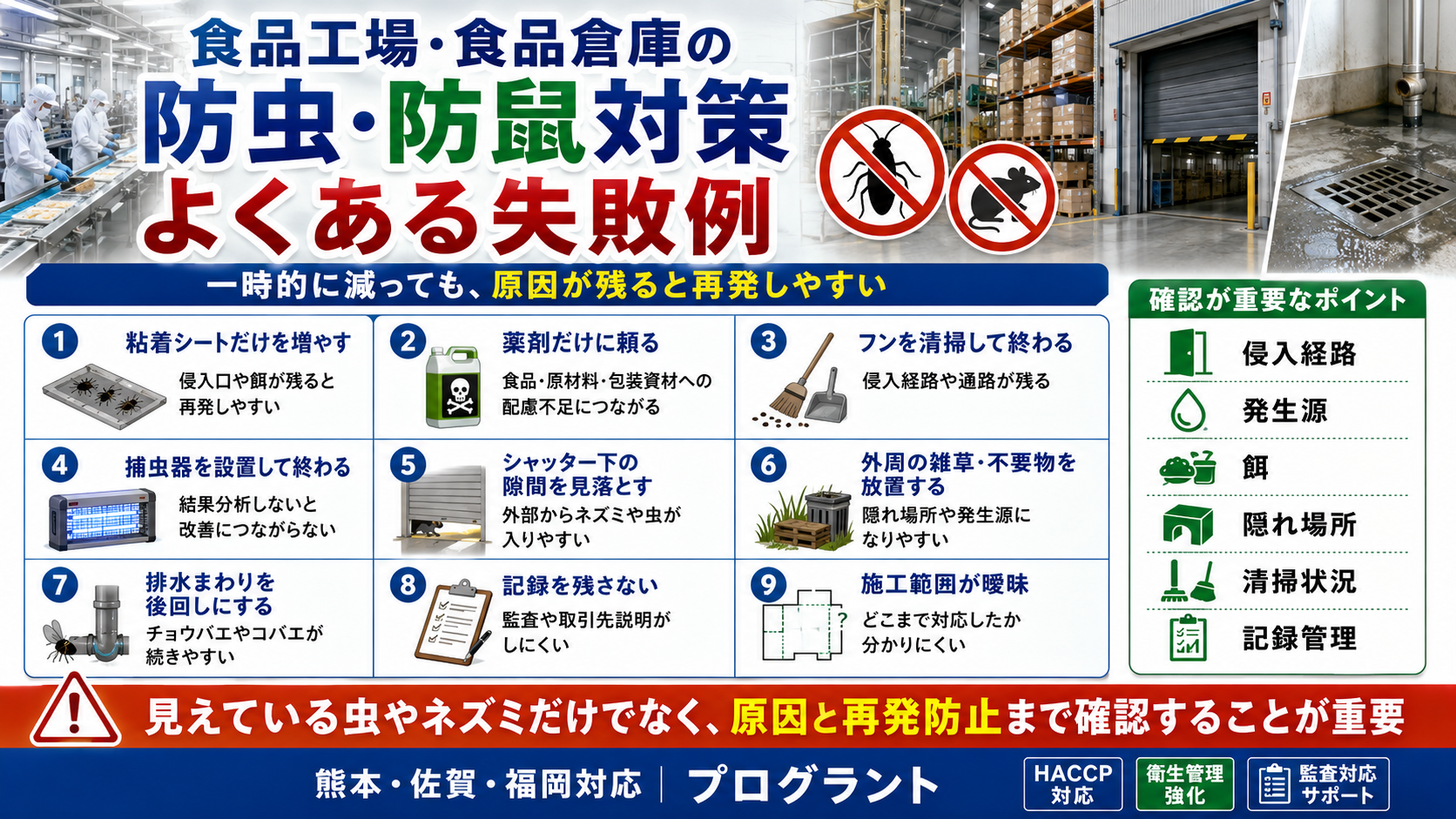 alt="食品工場・食品倉庫の防虫・防鼠対策でよくある失敗例。粘着シートや薬剤だけに頼る対策、侵入口の見落とし、排水や外周管理不足、記録不足などを解説する画像"