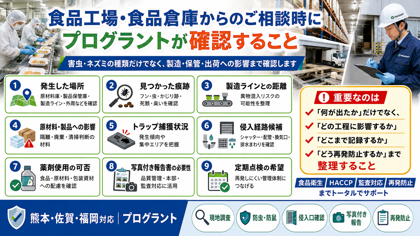 alt="食品工場・食品倉庫からの防虫・防鼠相談時に確認するポイント。発生場所、痕跡、製造ラインへの影響、侵入経路、薬剤使用、写真付き報告、定期点検を解説"