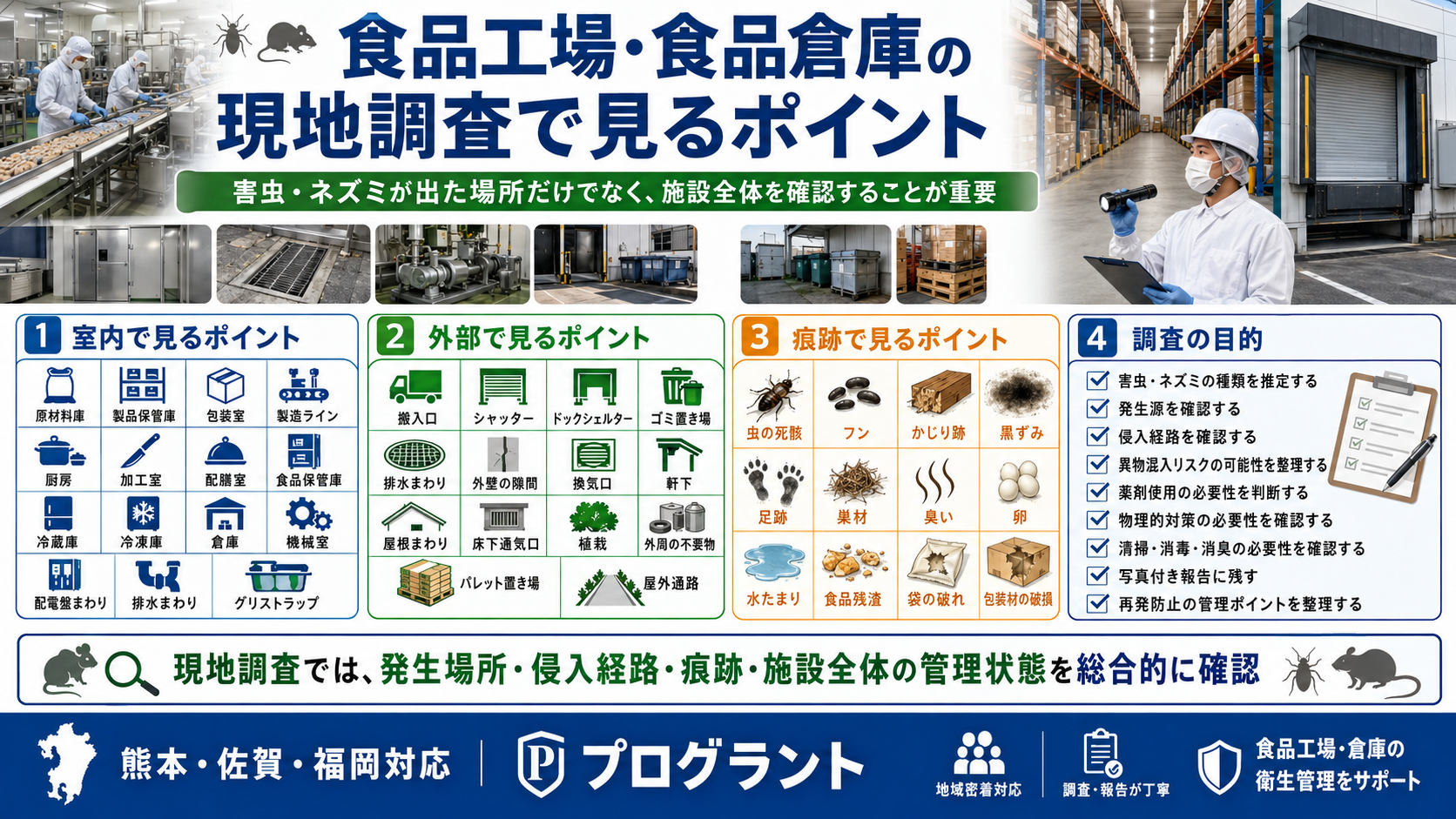 alt="食品工場・食品倉庫の現地調査で見るポイント。室内・外部・痕跡を確認し、害虫やネズミの発生源、侵入経路、異物混入リスク、再発防止を整理する画像"