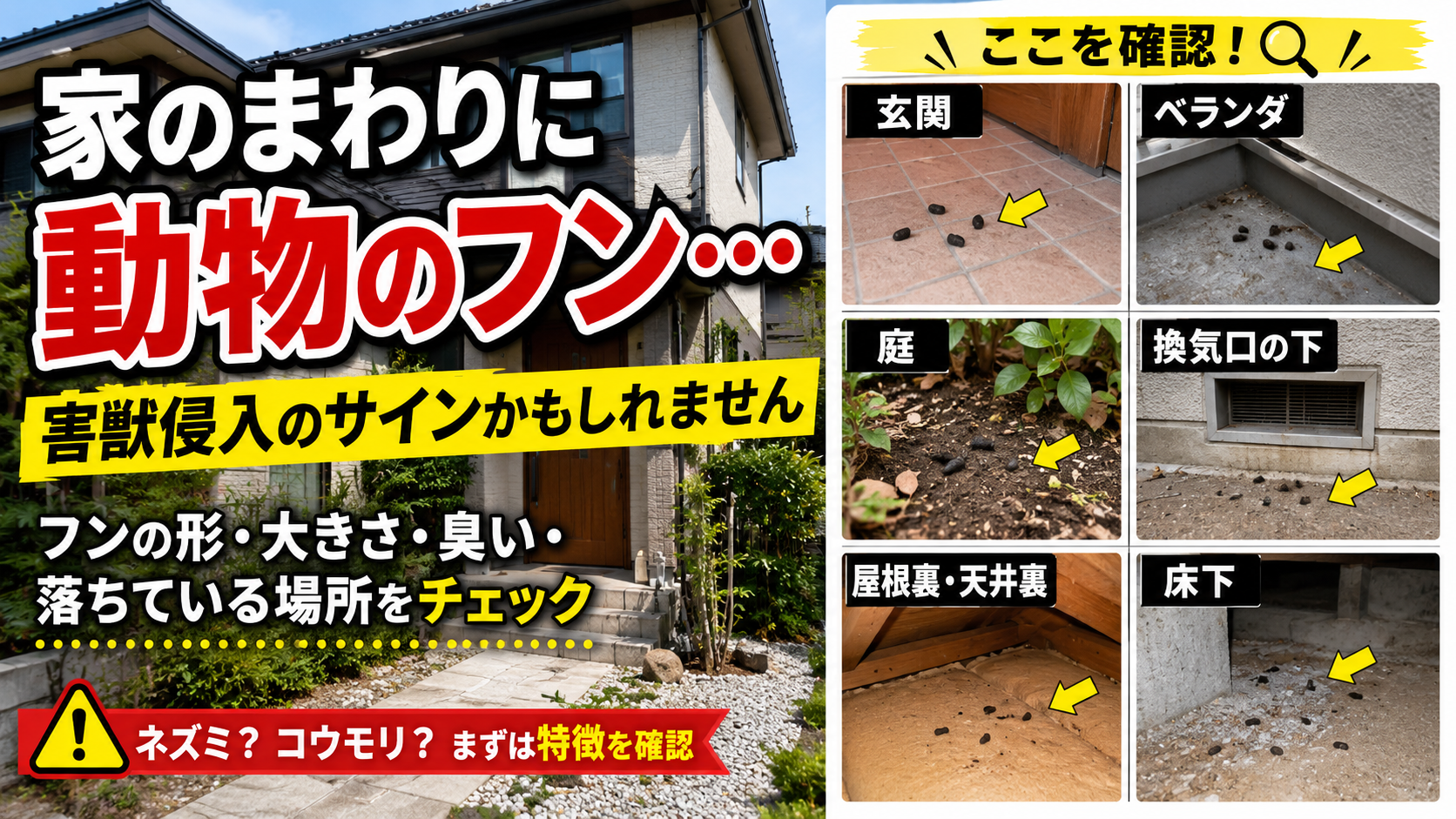 家のまわりに落ちた動物のフンを確認する害獣侵入サイン解説サムネイル。玄関・ベランダ・庭・換気口の下・屋根裏・床下のフンをチェックし、ネズミやコウモリなどの害獣被害を早期発見するための注意喚起画像。
