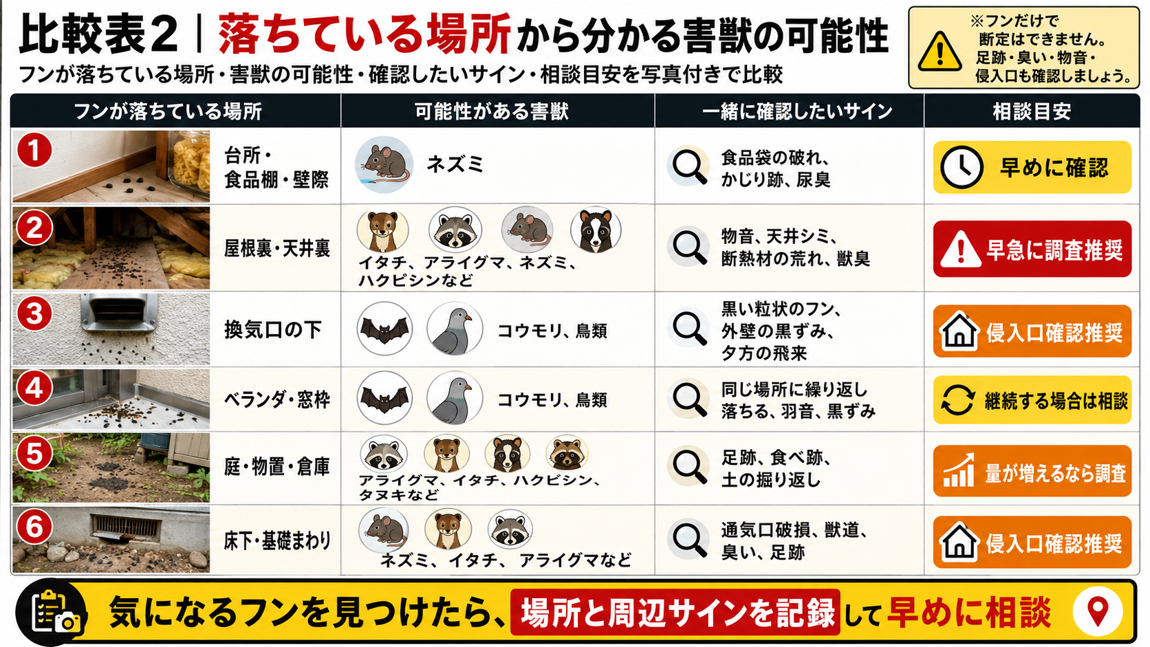 フンが落ちている場所から害獣の可能性を比較した写真付き早見表。台所・屋根裏・換気口下・ベランダ・庭・床下など場所別に、ネズミ・コウモリ・イタチ・アライグマ・ハクビシン・鳥類の可能性、確認すべきサイン、相談目安を分かりやすく解説した害獣調査画像。