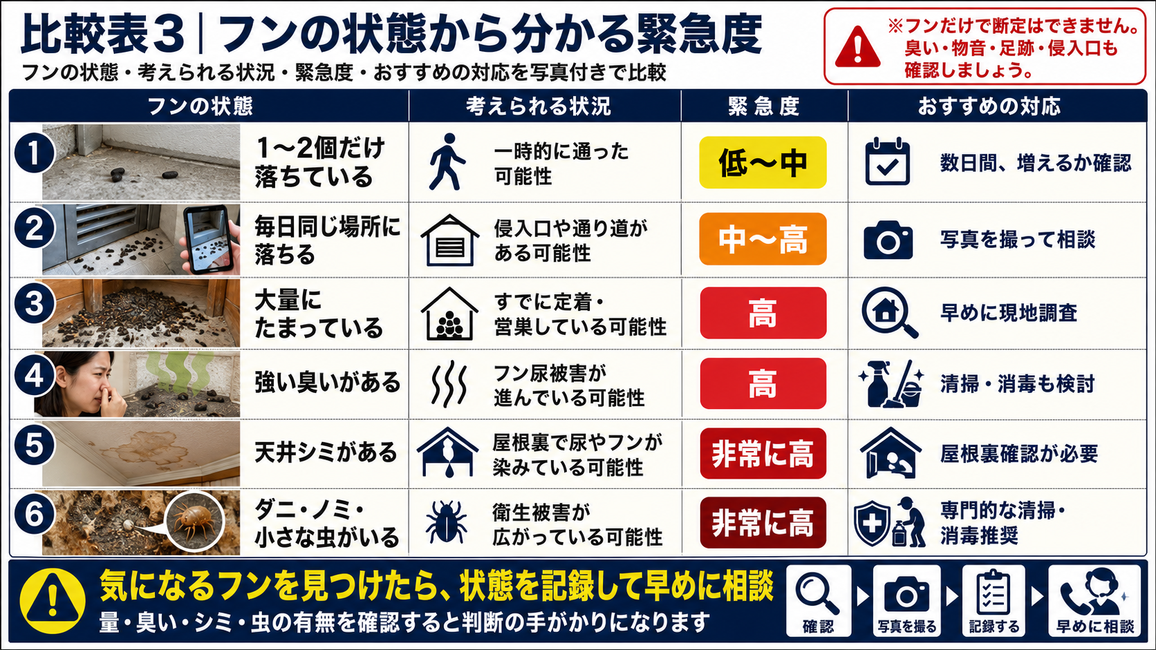 フンの状態から害獣被害の緊急度を比較した写真付き早見表。1〜2個だけ落ちている場合から、大量のフン、強い臭い、天井シミ、ダニやノミの発生まで、考えられる状況・緊急度・おすすめの対応を一覧で分かりやすく解説した害獣調査画像。