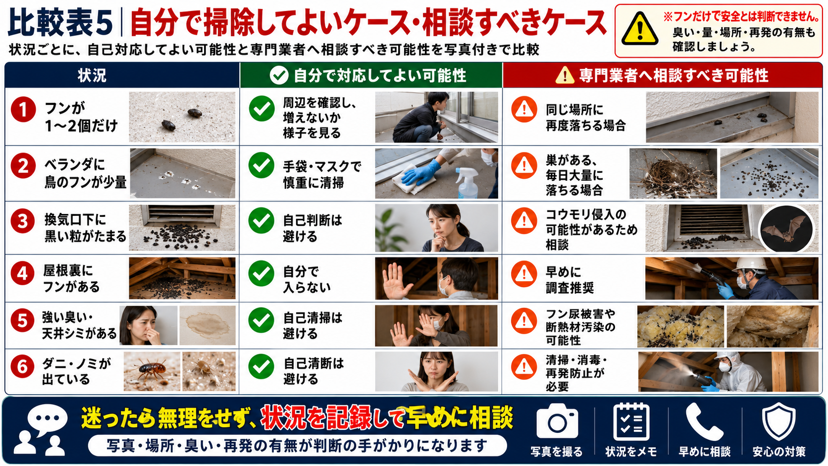自分で掃除してよいケースと専門業者へ相談すべきケースを写真付きで比較した早見表。フンが少量の場合、ベランダの鳥のフン、換気口下の黒い粒、屋根裏のフン、強い臭いや天井シミ、ダニ・ノミの発生について、自己対応の可否と相談目安を分かりやすく解説した害獣対策画像。