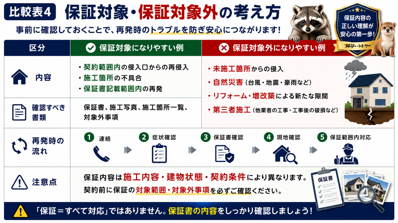 保証対象・保証対象外の考え方を比較し、契約範囲内の再侵入や施工箇所の不具合は保証対象になりやすく、未施工箇所・自然災害・リフォーム・第三者施工は対象外になりやすいことを説明した害獣駆除の保証確認サムネイル画像。