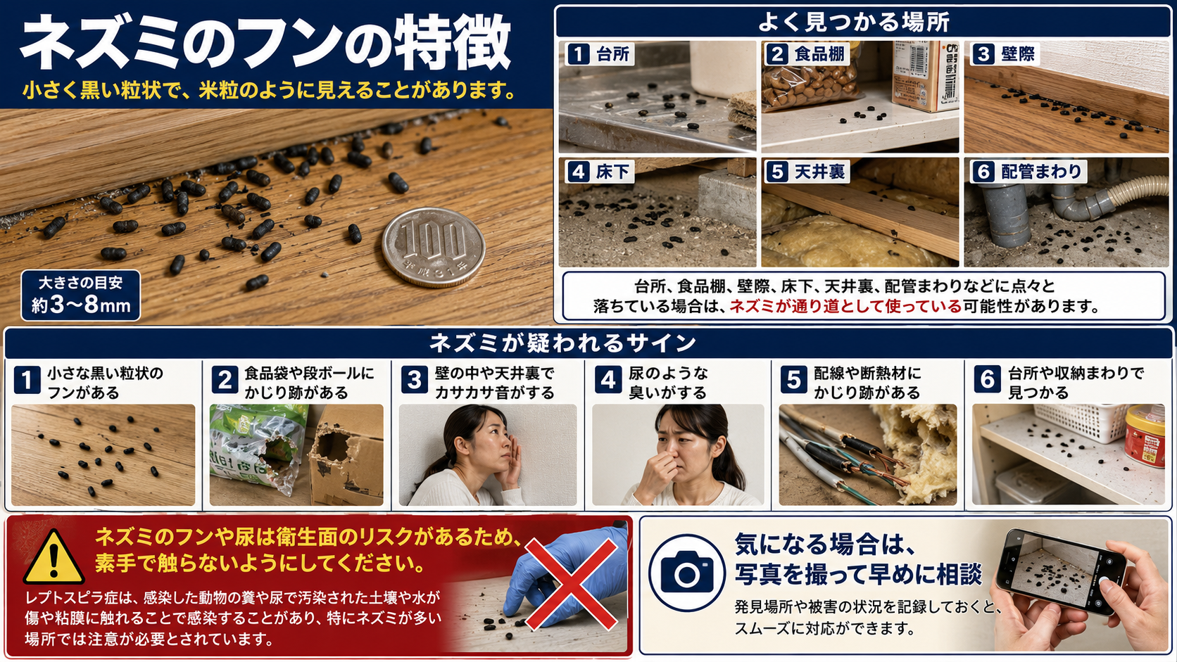 ネズミのフンの特徴と衛生リスクを写真付きで解説したインフォグラフィック。小さく黒い粒状のフンの大きさ目安、台所・食品棚・壁際・床下・天井裏・配管まわりで見つかるサイン、食品袋や段ボールのかじり跡、カサカサ音、尿臭、配線や断熱材被害、素手で触らない注意点と早めの相談方法をまとめた害獣対策画像。