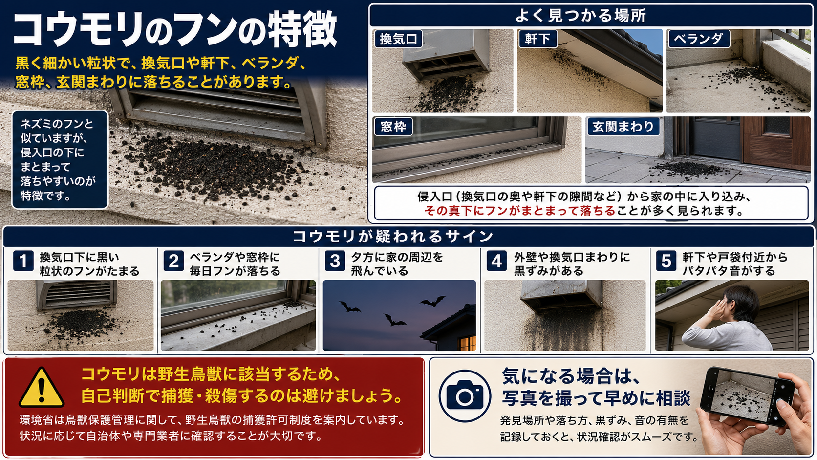 コウモリのフンの特徴を写真付きで解説したインフォグラフィック。黒く細かい粒状のフンが換気口、軒下、ベランダ、窓枠、玄関まわりに落ちる特徴、侵入口の下にまとまって落ちやすい点、コウモリが疑われるサイン、野生鳥獣のため自己判断で捕獲・殺傷せず写真を撮って早めに相談する重要性をまとめた害獣対策画像。