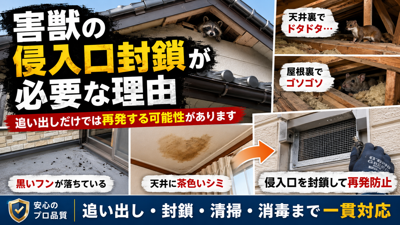 害獣の侵入口封鎖が必要な理由を説明するサムネイル画像。天井裏の物音、屋根裏の気配、黒いフン、天井の茶色いシミなどの被害サインと、侵入口を封鎖して再発防止する流れを写真付きで解説。