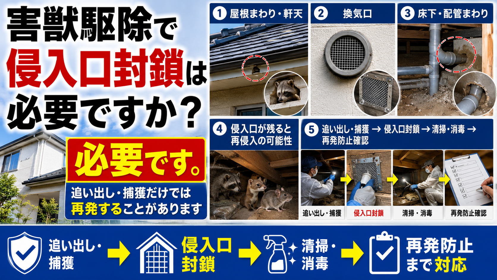害獣駆除で侵入口封鎖が必要な理由を説明するサムネイル画像。屋根まわり・軒天、換気口、床下・配管まわりの侵入口例と、追い出し・捕獲後に封鎖、清掃・消毒、再発防止確認まで行う流れを写真付きで解説。