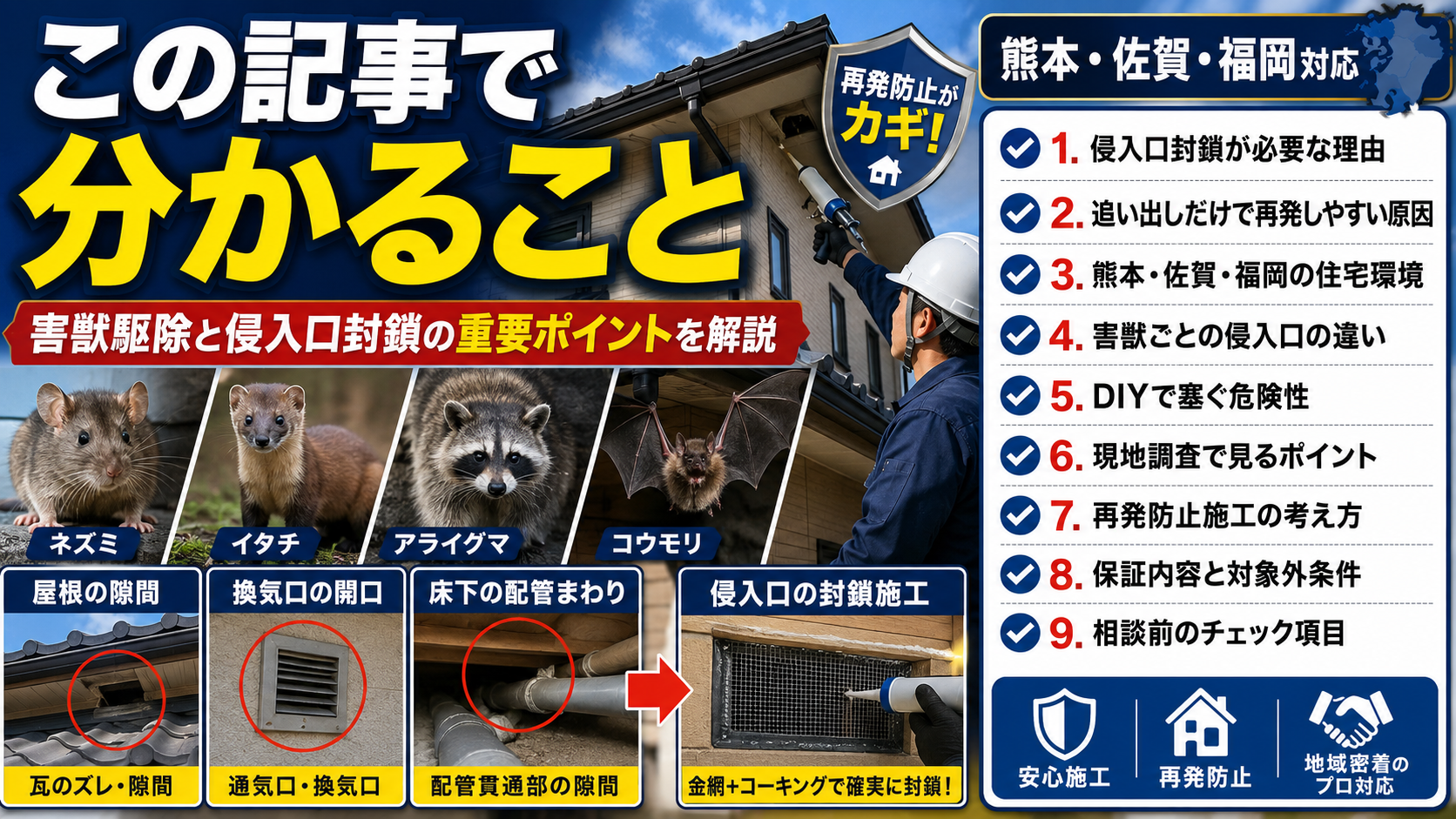 この記事で分かる内容を一覧で紹介する害獣駆除のサムネイル画像。侵入口封鎖が必要な理由、追い出しだけで再発しやすい原因、熊本・佐賀・福岡の住宅環境、害獣ごとの侵入口の違い、DIYの危険性、現地調査のポイント、再発防止施工、保証内容、相談前のチェック項目を写真付きで解説。