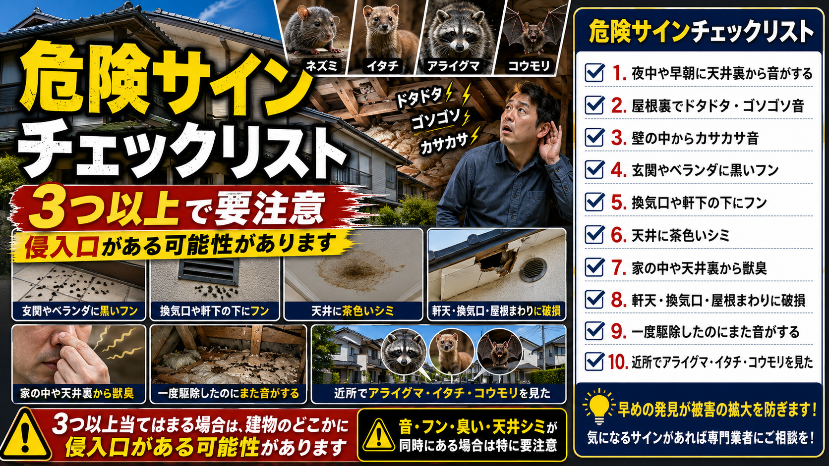 害獣の危険サインを一覧で紹介するチェックリスト画像。夜中や早朝の天井裏の音、屋根裏や壁の物音、黒いフン、換気口や軒下のフン、天井の茶色いシミ、獣臭、軒天や換気口の破損、再発する物音、近所でのアライグマ・イタチ・コウモリの目撃など、侵入口の可能性を示す症状を写真付きで解説した16対9のサムネイル。