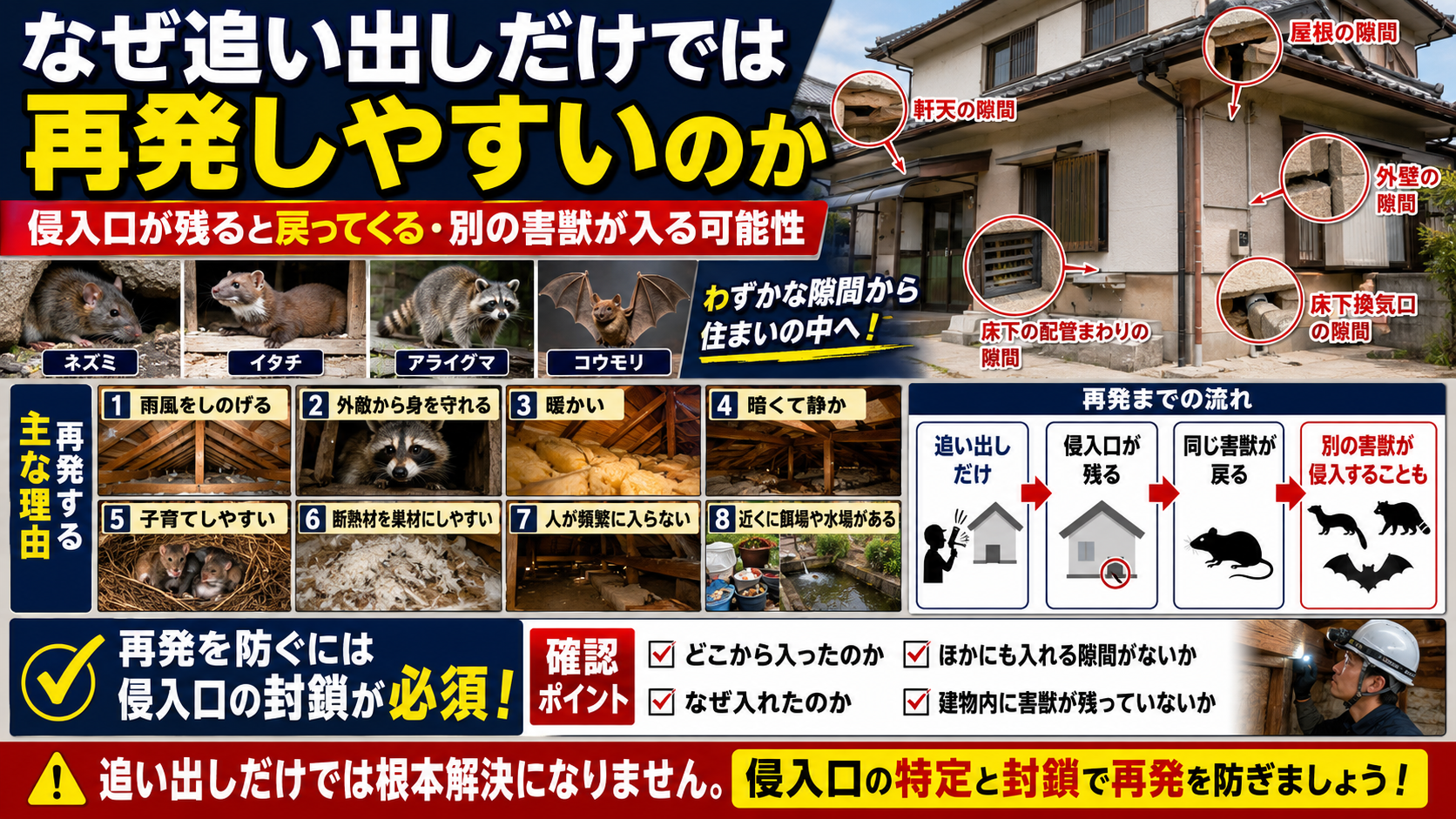 追い出しだけでは害獣被害が再発しやすい理由を解説する16対9のサムネイル画像。住宅の屋根・軒天・外壁・床下換気口・配管まわりの隙間を示しながら、ネズミ・イタチ・アライグマ・コウモリが侵入しやすい理由や、再発を防ぐには侵入口の特定と封鎖が必要であることを写真と図解で説明している。