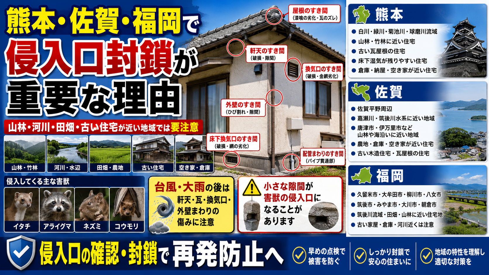 熊本・佐賀・福岡で害獣の侵入口封鎖が重要な理由を解説する16対9のサムネイル画像。住宅の屋根・軒天・換気口・外壁・床下換気口・配管まわりの隙間を示しながら、山林・河川・田畑・古い住宅・空き家が近い地域で注意が必要なこと、イタチ・アライグマ・ネズミ・コウモリが侵入しやすいこと、台風や大雨後の点検と封鎖で再発防止につながることを写真付きで紹介している。