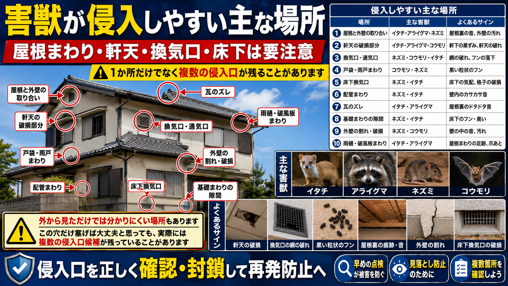 害獣が侵入しやすい主な場所を解説するサムネイル画像。住宅の屋根と外壁の取り合い、軒天、換気口、戸袋、床下換気口、配管まわり、瓦のズレ、基礎まわり、外壁の割れ、雨樋・破風板まわりなどの侵入口候補を家の写真上で示し、イタチ・アライグマ・ネズミ・コウモリなどの主な害獣と、フン・物音・破損といったよくあるサインを一覧で紹介している。