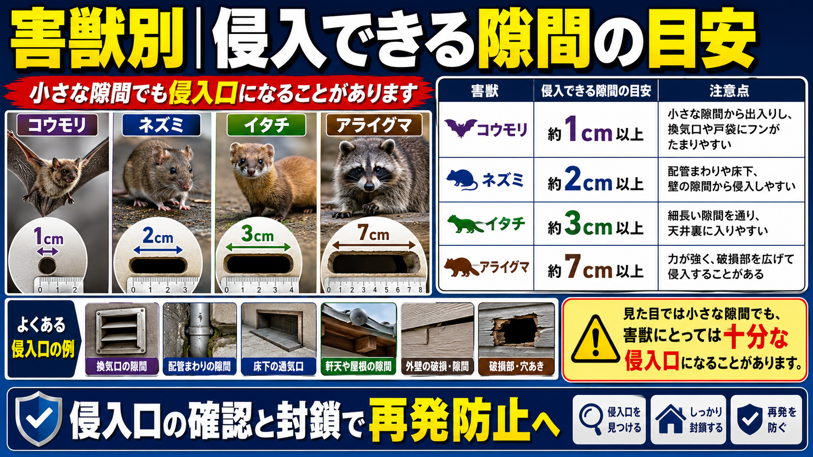 害獣ごとに侵入できる隙間の目安を比較した16対9のサムネイル画像。コウモリは約1cm、ネズミは約2cm、イタチは約3cm、アライグマは約7cm以上の隙間から侵入できることを写真と図で示し、換気口・配管まわり・床下通気口・軒天や屋根・外壁の破損部などが侵入口になる可能性を解説している。