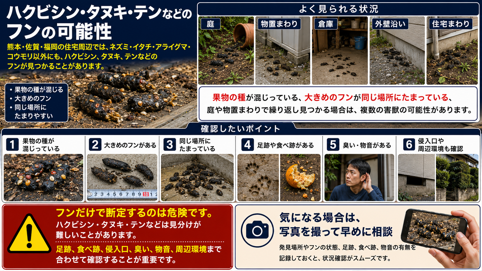 ハクビシン・タヌキ・テンなどのフンの可能性を写真付きで解説したインフォグラフィック。熊本・佐賀・福岡の住宅周辺で見つかる大きめのフン、果物の種が混じるフン、庭・物置・倉庫・外壁沿い・住宅まわりで繰り返し見つかる状況、足跡・食べ跡・侵入口・臭い・物音など確認すべきポイントをまとめ、フンだけで断定せず早めの相談を促す害獣対策画像。