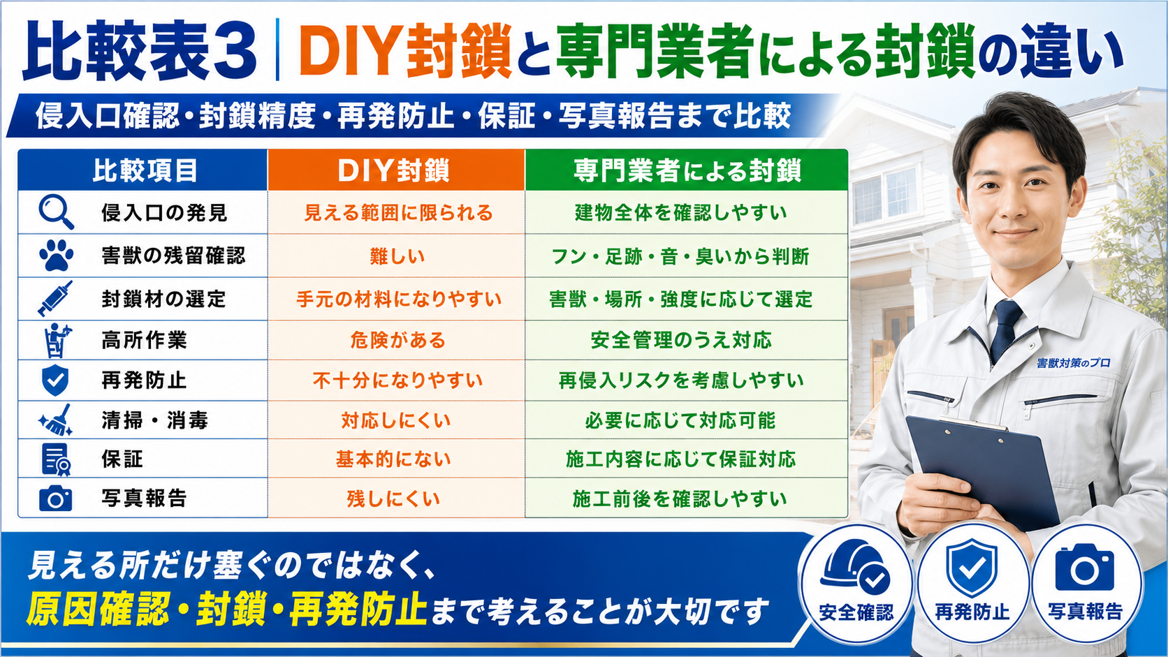 DIY封鎖と専門業者による害獣侵入口封鎖の違いを比較し、侵入口発見・残留確認・封鎖材選定・高所作業・再発防止・清掃消毒・保証・写真報告まで確認する重要性を解説するサムネイル画像