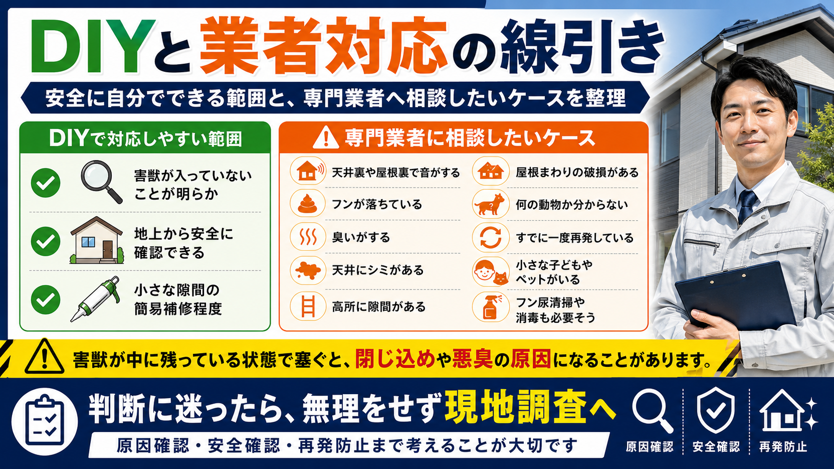 DIYと業者対応の線引きを解説し、害獣が入っていない小さな隙間の簡易補修はDIY可能だが、屋根裏の音・フン・臭い・高所の隙間・再発・清掃消毒が必要な場合は専門業者へ相談すべきことを伝えるサムネイル画像