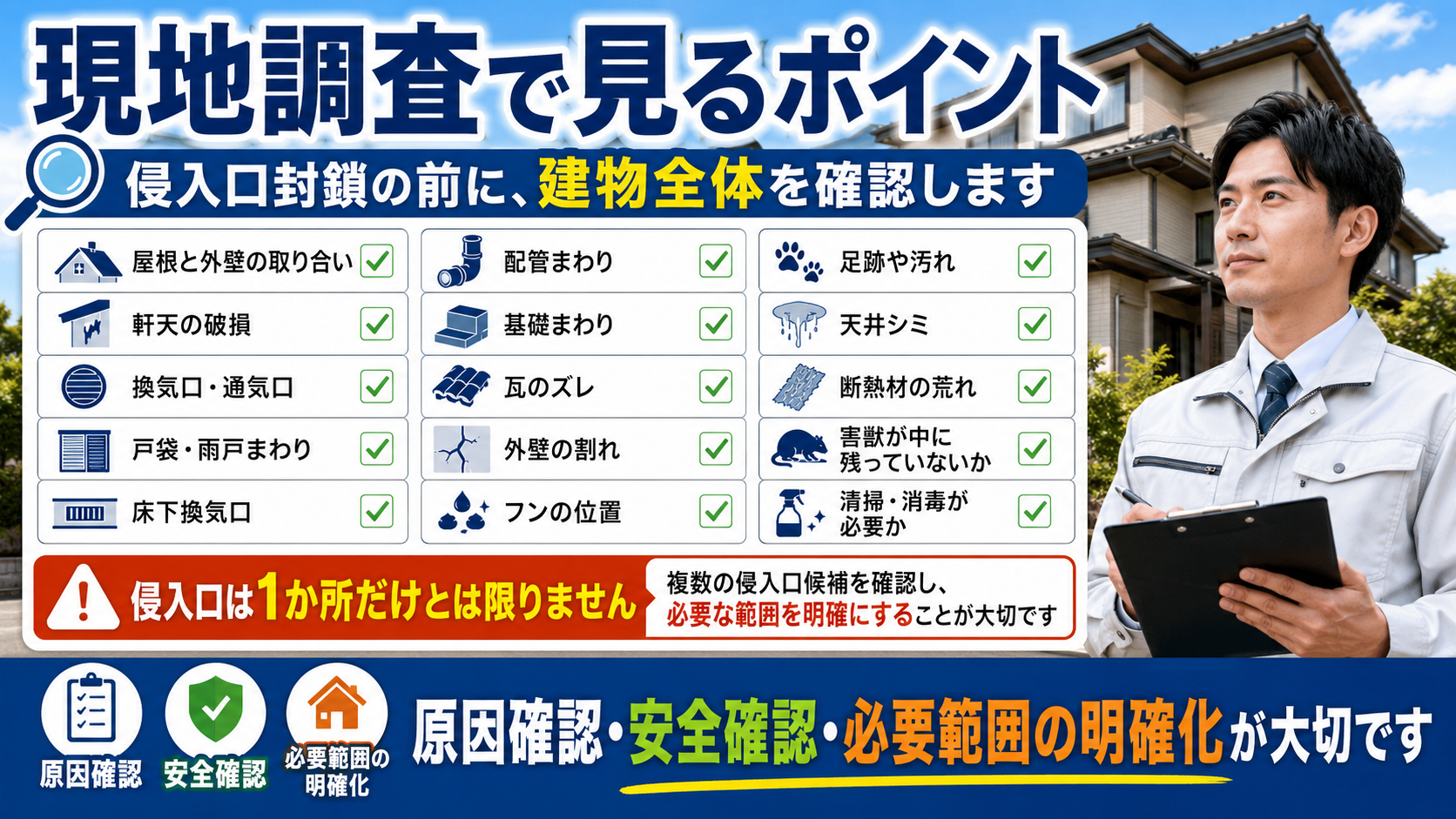 現地調査で見るポイントとして、侵入口封鎖前に屋根・外壁・軒天・換気口・戸袋・床下換気口・配管・基礎・瓦・フン・足跡・天井シミ・断熱材の荒れ・害獣の残留有無を確認する重要性を解説するサムネイル画像