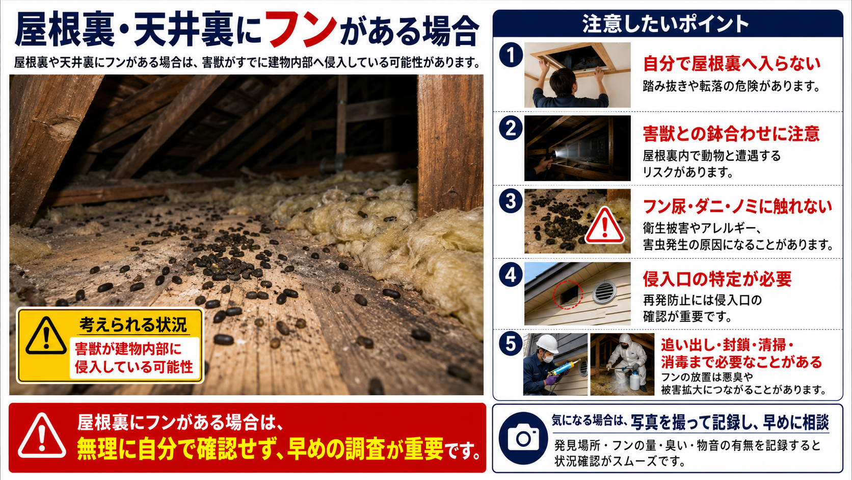 屋根裏・天井裏にフンがある場合の危険性と対処法を写真付きで解説したインフォグラフィック。害獣が建物内部に侵入している可能性、自分で屋根裏に入らない注意点、踏み抜き・転落・鉢合わせ・フン尿やダニ・ノミの衛生リスク、侵入口の特定、追い出し・封鎖・清掃・消毒の必要性、早めの調査相談の重要性をまとめた害獣対策画像。