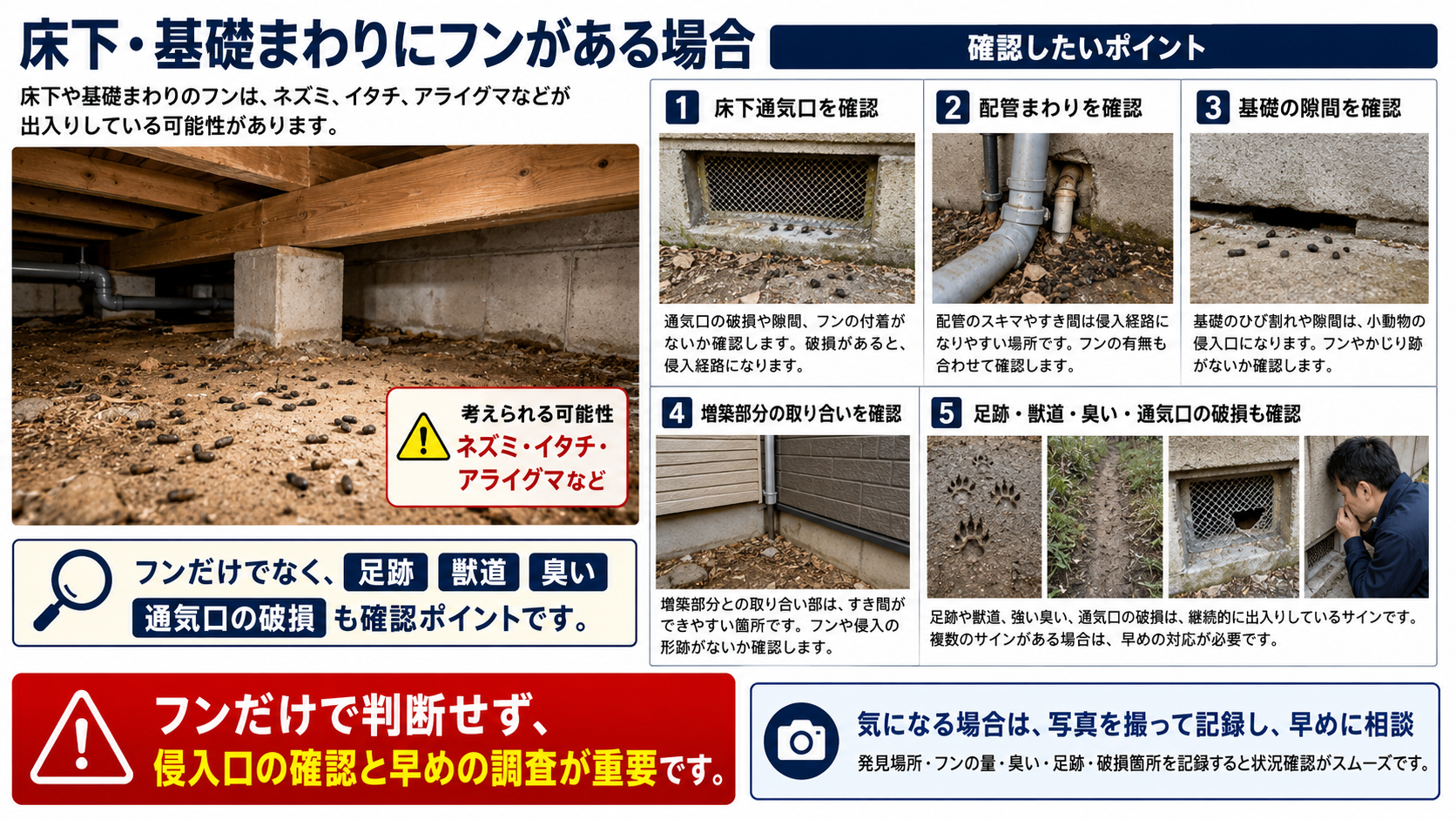床下・基礎まわりにフンがある場合の確認ポイントを写真付きで解説したインフォグラフィック。ネズミ・イタチ・アライグマなどの可能性を踏まえ、床下通気口、配管まわり、基礎の隙間、増築部分の取り合い、足跡・獣道・臭い・通気口の破損などの確認項目と、侵入口確認と早めの調査相談の重要性をまとめた害獣対策画像。