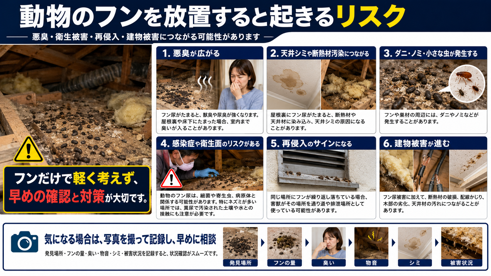 動物のフンを放置すると起きるリスクを写真付きで解説したインフォグラフィック。悪臭の拡大、天井シミや断熱材汚染、ダニ・ノミ・小さな虫の発生、感染症や衛生面のリスク、再侵入のサイン、配線かじりや断熱材破損などの建物被害を分かりやすくまとめ、早めの確認と対策の重要性を伝える害獣対策画像。