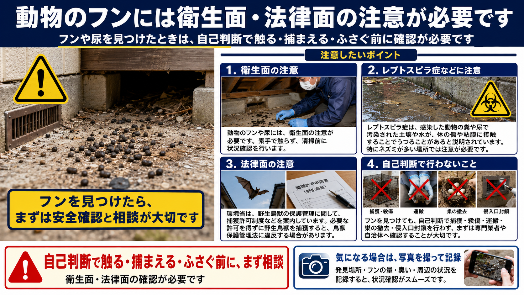 動物のフンに関する衛生面・法律面の注意点を写真付きで解説したインフォグラフィック。レプトスピラ症などの衛生リスク、野生鳥獣の捕獲許可制度、自己判断で捕獲・殺傷・運搬・巣の撤去・侵入口封鎖を行わない重要性、フン発見時は安全確認と専門業者や自治体への相談が必要であることをまとめた害獣対策画像。