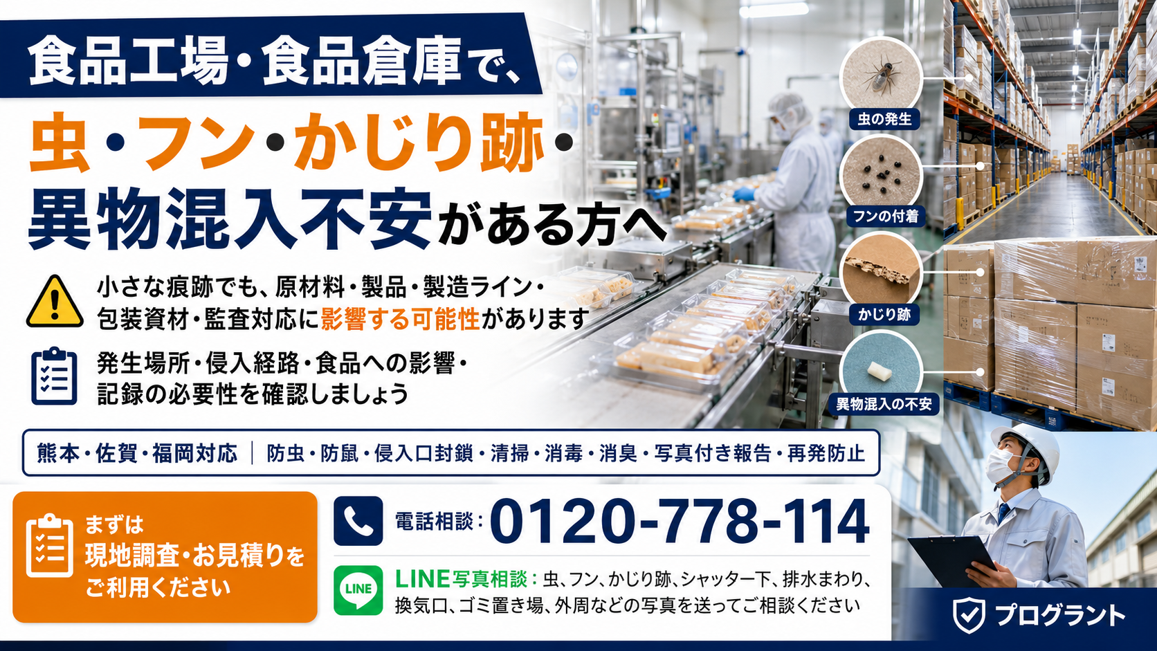 alt="食品工場・食品倉庫で虫・フン・かじり跡・異物混入不安がある方向けに、熊本・佐賀・福岡で防虫・防鼠・清掃消毒に対応するプログラントの案内画像"