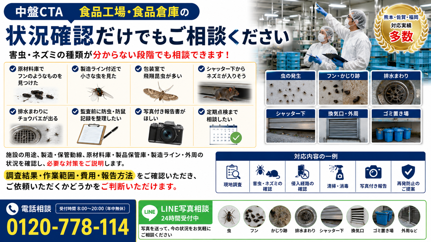 alt="熊本・佐賀・福岡の食品工場・食品倉庫向けに、害虫・ネズミ被害の現地調査・写真付き報告・定期点検相談を案内するプログラントの案内画像"