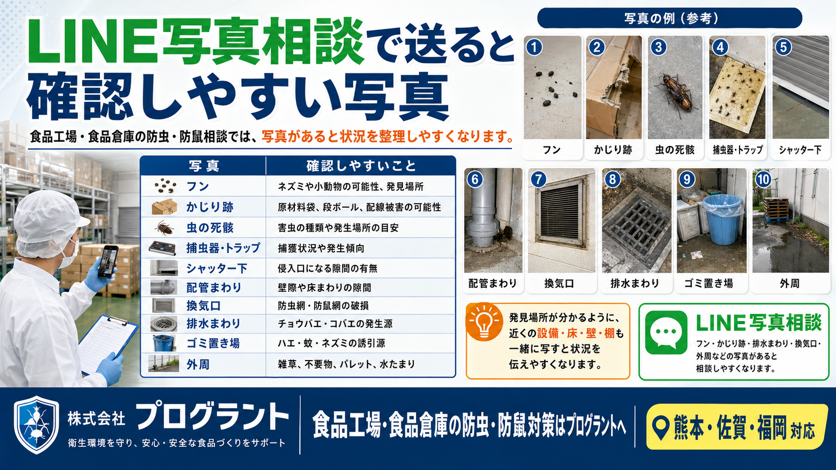 alt="熊本・佐賀・福岡の食品工場・食品倉庫向けに、防虫防鼠相談で送るフン・かじり跡・排水まわり・換気口・外周写真を解説する画像"