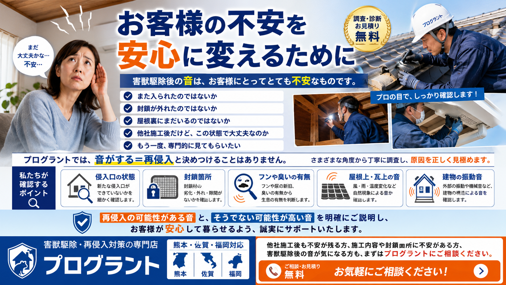 alt="熊本・佐賀・福岡で害獣駆除後の音や再発不安がある方へ、侵入口・封鎖箇所・フンや臭い・屋根上の音を確認するプログラントの案内画像"