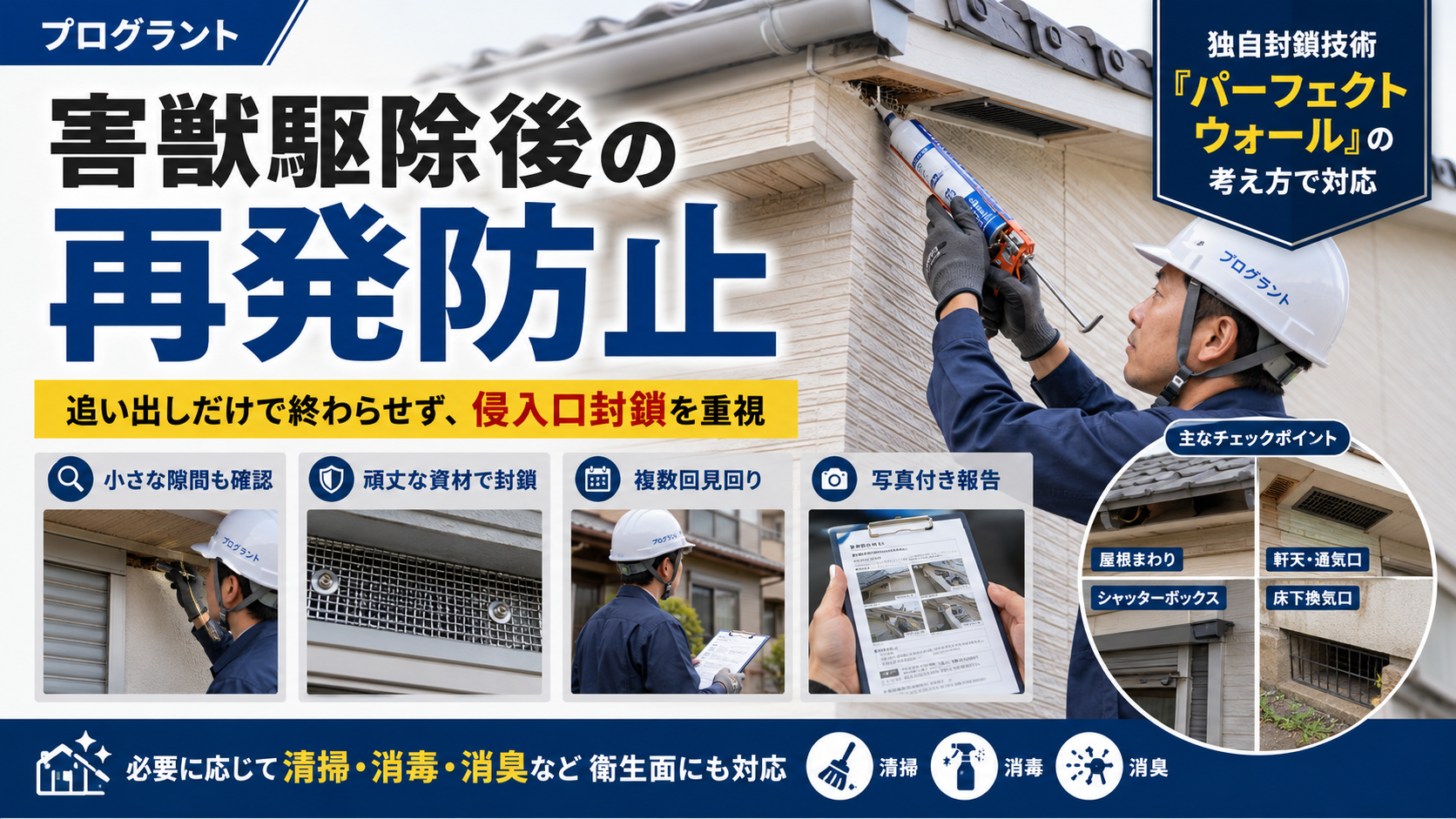 プログラントの害獣駆除後の再発防止対策｜侵入口封鎖・見回り・写真付き報告で再侵入を防ぐ施工イメージ