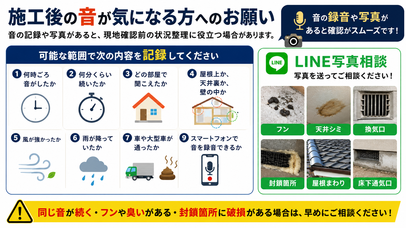 alt="害獣駆除後に音が気になる場合の記録ポイントとLINE写真相談の案内。音の時間・場所・録音、フン・天井シミ・換気口・封鎖箇所を確認する流れを解説"