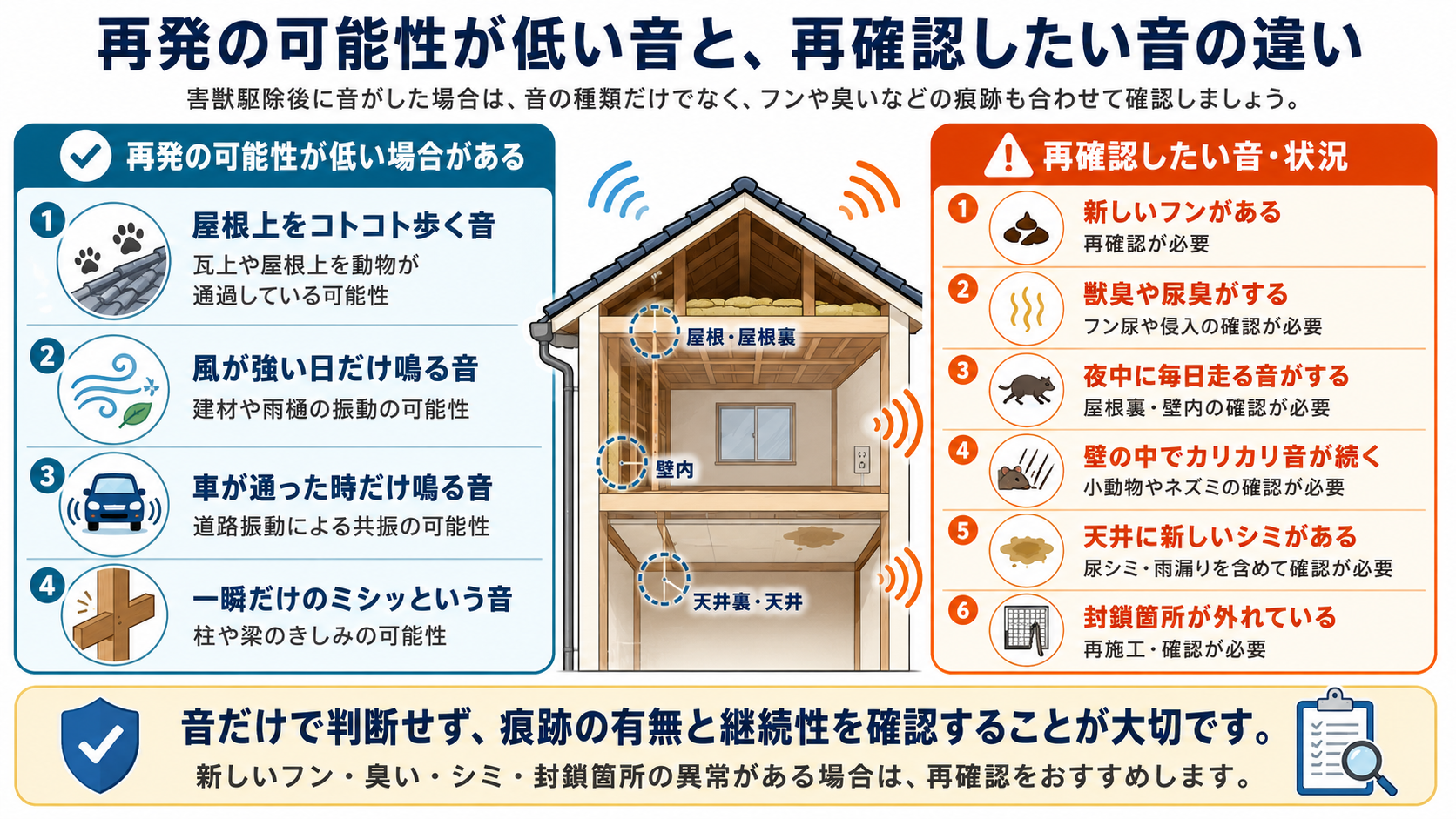 alt="害獣駆除後に音がした場合の再発可能性を比較した図。屋根上を歩く音、風や道路振動、建材のきしみなど再発の可能性が低い音と、新しいフン、獣臭、毎日続く走る音、壁の中のカリカリ音、天井シミ、封鎖箇所の外れなど再確認が必要な状況を解説"