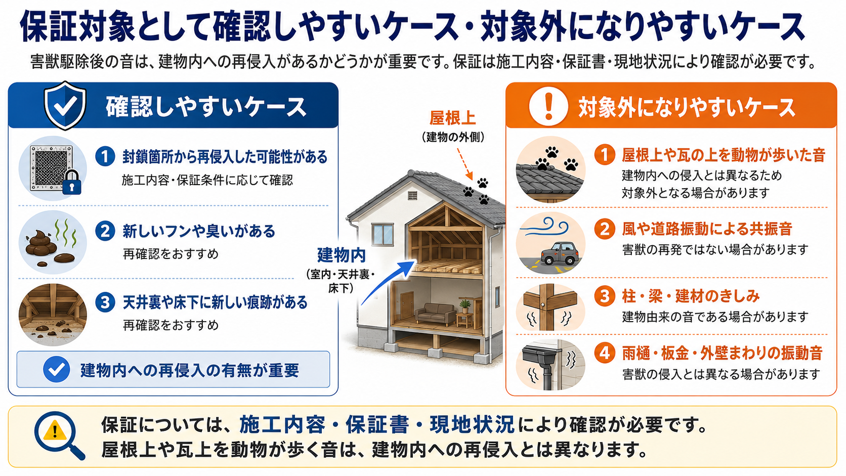 alt="害獣駆除後の音について、保証対象として確認しやすいケースと対象外になりやすいケースを比較した図。建物内への再侵入、新しいフンや臭い、天井裏や床下の痕跡、屋根上や瓦上の通過音、風や道路振動、建材のきしみなどの判断ポイントを解説"