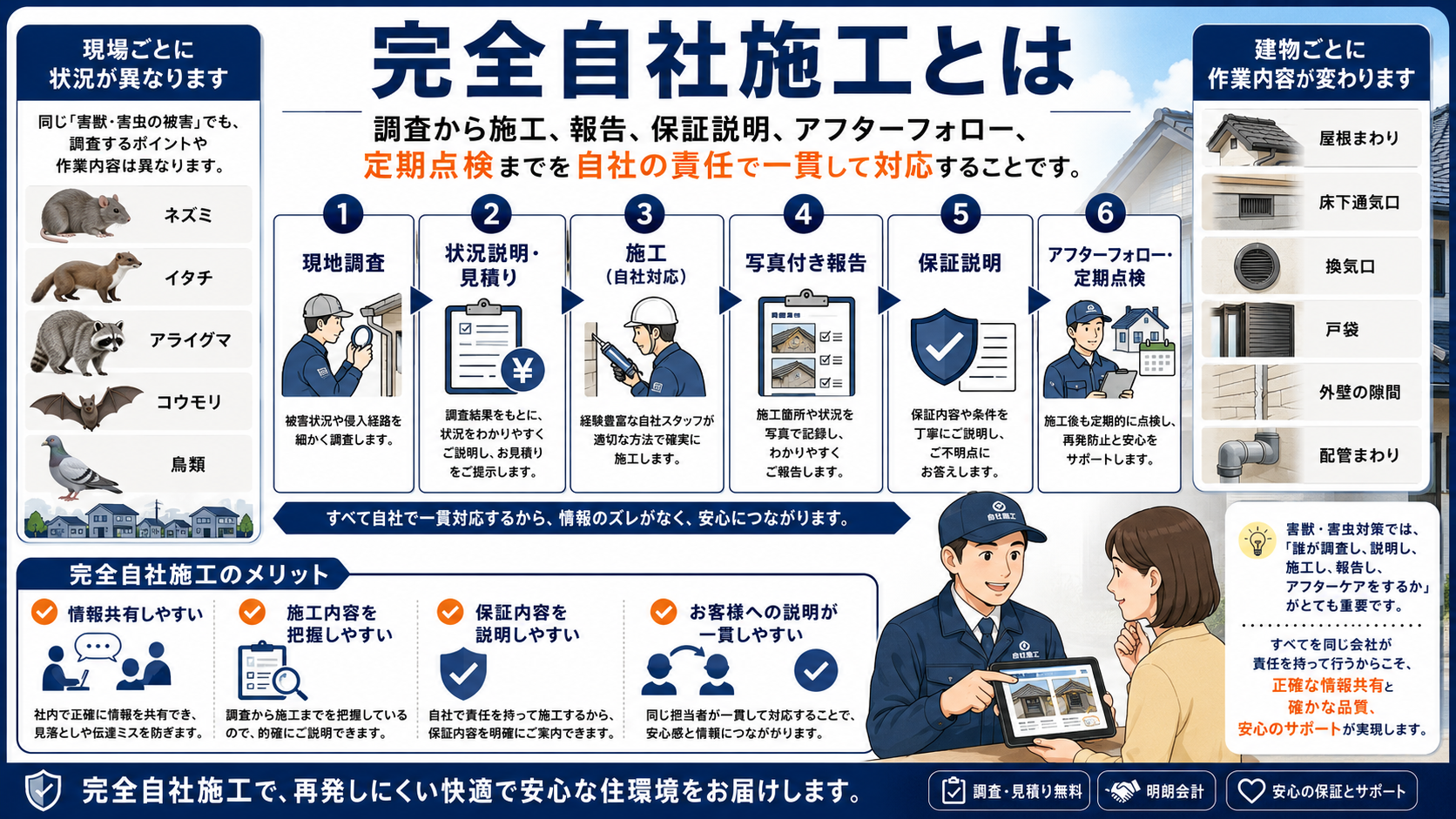 alt="完全自社施工とは何かを解説した画像。害獣駆除・害虫駆除で現地調査、状況説明、見積り、自社施工、写真付き報告、保証説明、アフターフォロー、定期点検まで一貫対応する流れと、ネズミ・イタチ・アライグマ・コウモリ・鳥類など建物ごとに異なる調査ポイントや施工内容を紹介"